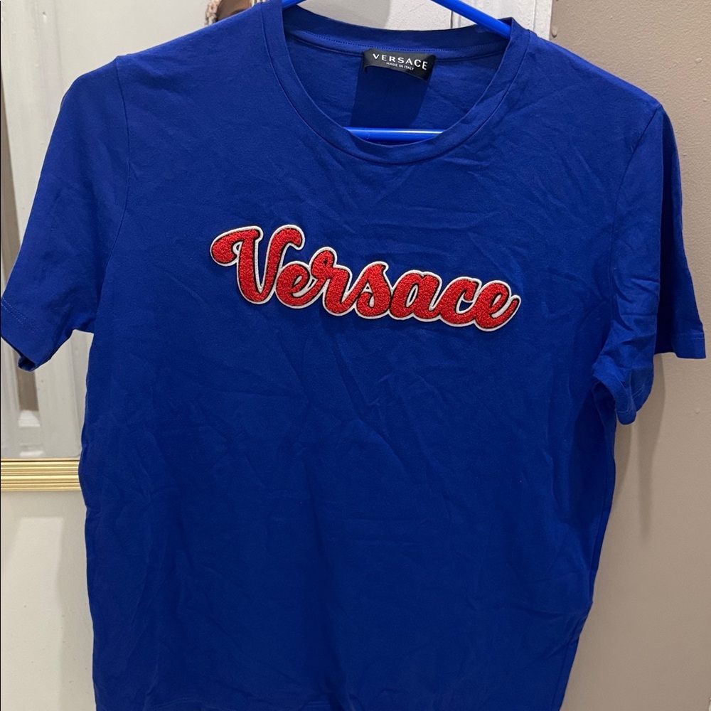 Versace Kids Royal Blue Tee with Vibrant Red Logo